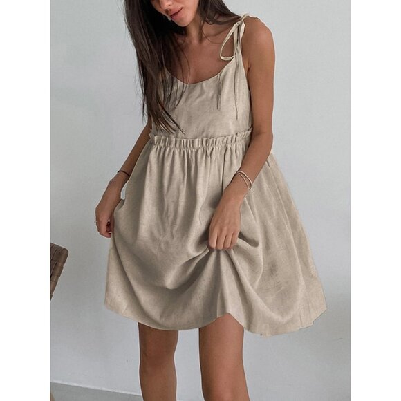 Commense Levanzo Tied Shoulder Linen Short Dress Light Brown Womens Size XS - Picture 1 of 10